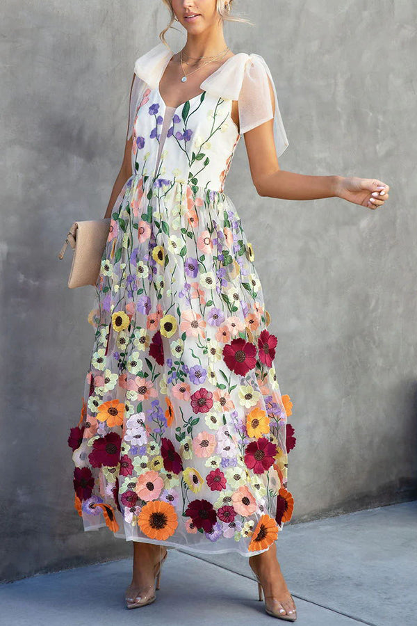 Summertime Blooms Floral Applique Adjustable Shoulder Tie Midi Dress