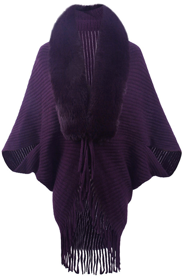 Fur Collar Fringed Knit Shawl Sweater