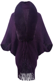 Fur Collar Fringed Knit Shawl Sweater
