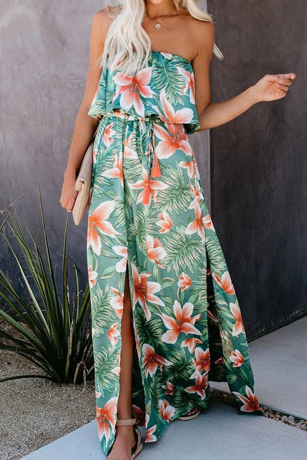 Tropical Plant Print Off-shoulder Ruffled Slit Maxi Dress