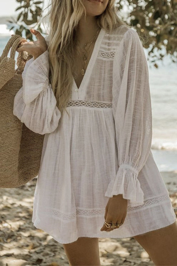 Lace Ruffled Patchwork V Neck Cover up