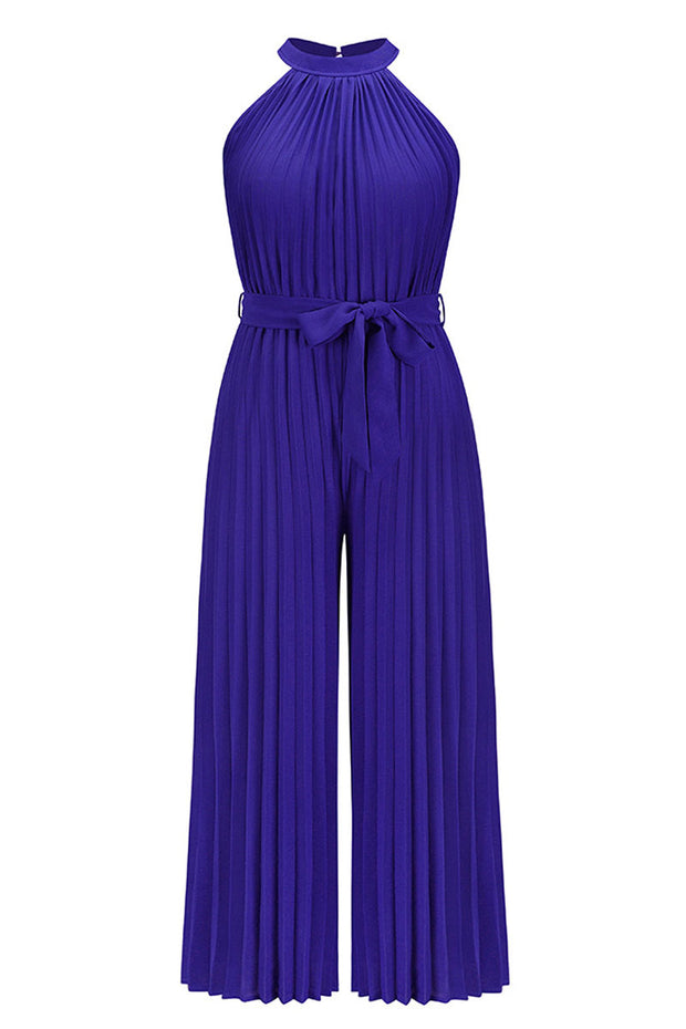 Accordion-pleated Belted Grecian Neck Sleeveless Jumpsuit