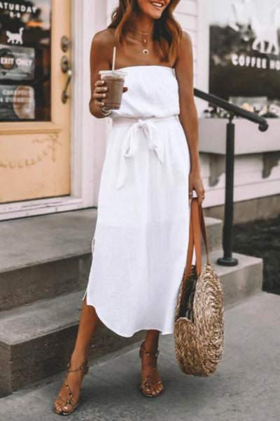 Dew Shoulder White Ankle Length Dress