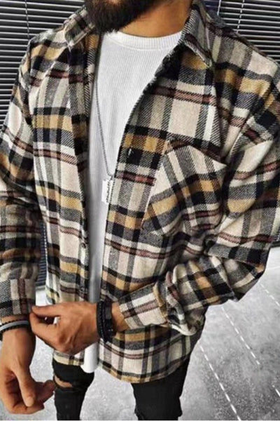 Men's Colour Block Plaid Long Sleeve Lapel Cardigan Check Print Shirt