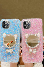 Bling Glitter Phone Case With Rhinestone Cat Ears Mirror And Pearl Bow Decoration For iPhone14/13/12/11(Pro,Pro Max)