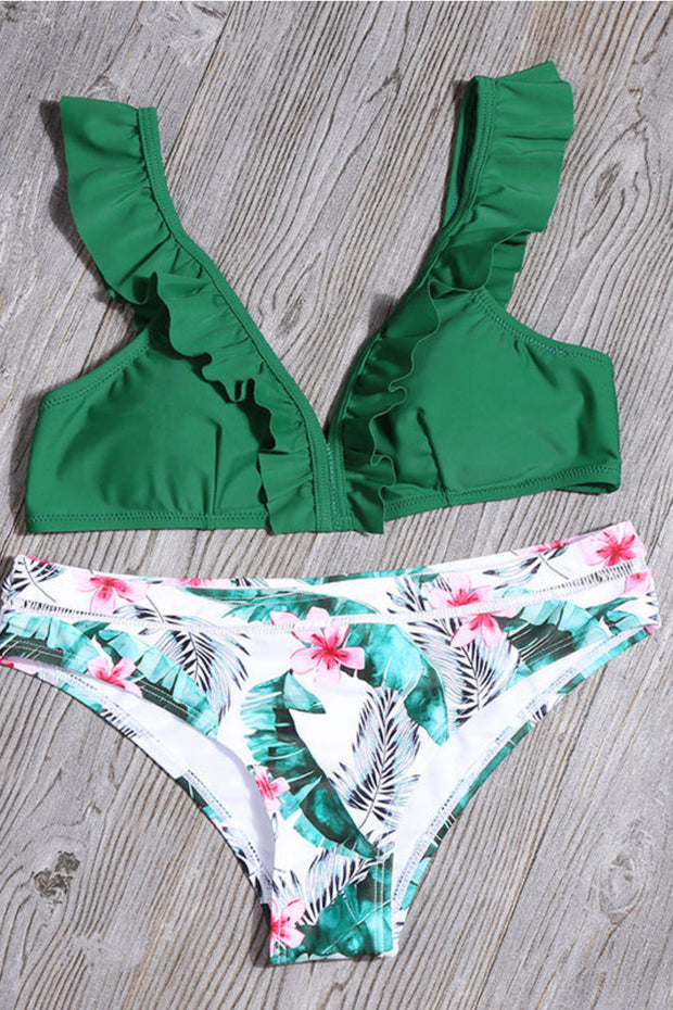 Flounce Design Floral Print Two-piece swimsuit
