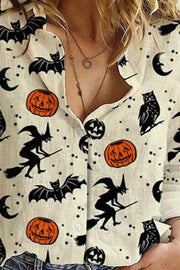 Print Lapel Long Sleeves Button Up Casual Halloween Shirt Blouses