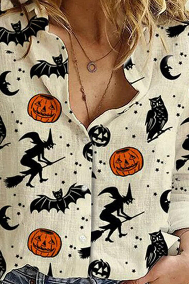 Print Lapel Long Sleeves Button Up Casual Halloween Shirt Blouses