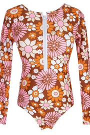 Boho Floral Long Sleeve Zipper Front Rash Guard One-piece Swimsuit