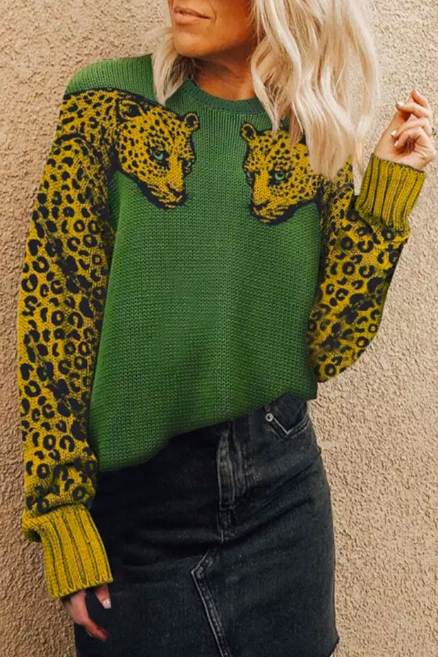 Leopard Patchwork Green Sweater