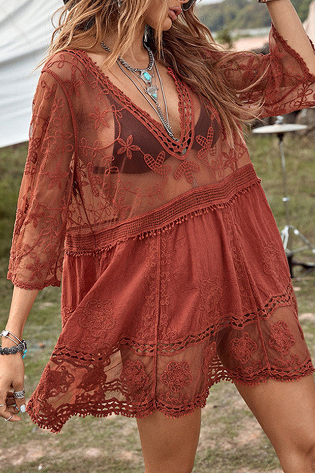 Lace Embroidered Patchwork V Neck Cover up