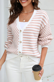 Plaid Stripe Panel Knit Cardigan Sweater