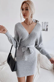 Wrap Batwing Sleeve Belted Cut Out Backless Sweater Dress
