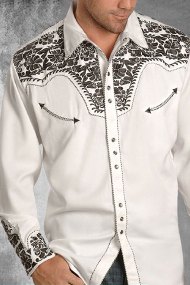 Mens Washed Embroidered Retro Long Sleeve Western Shirt