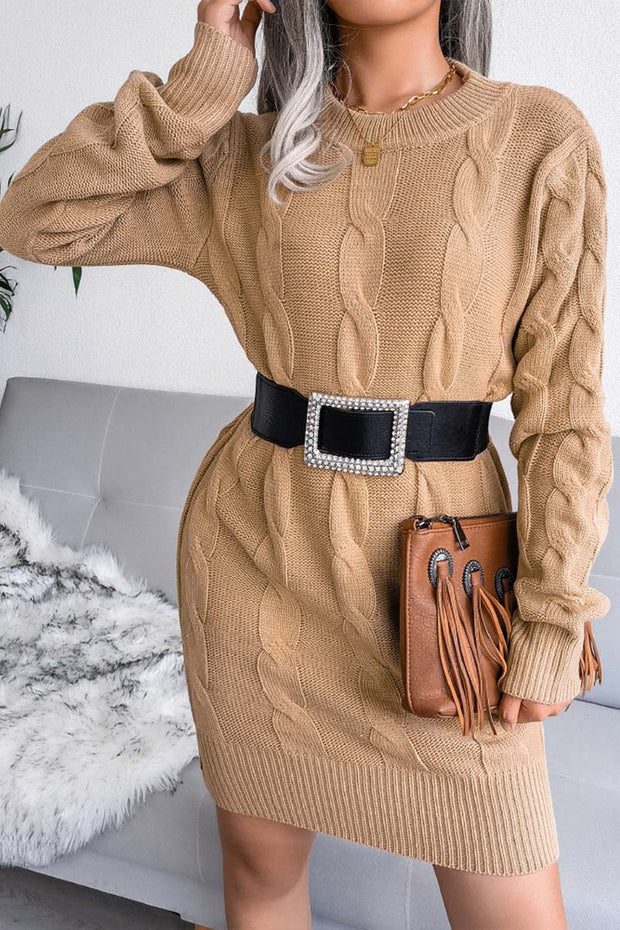 Solid Cable-knit Round Neck Sweater Dress