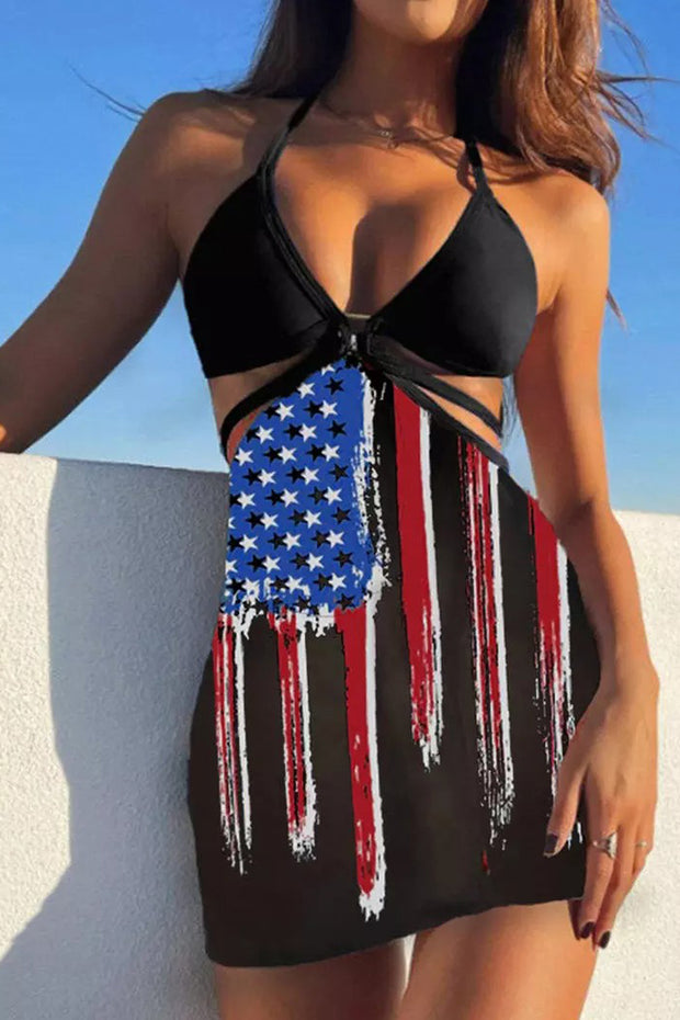 3Pcs American Flag Halter Bikini Set