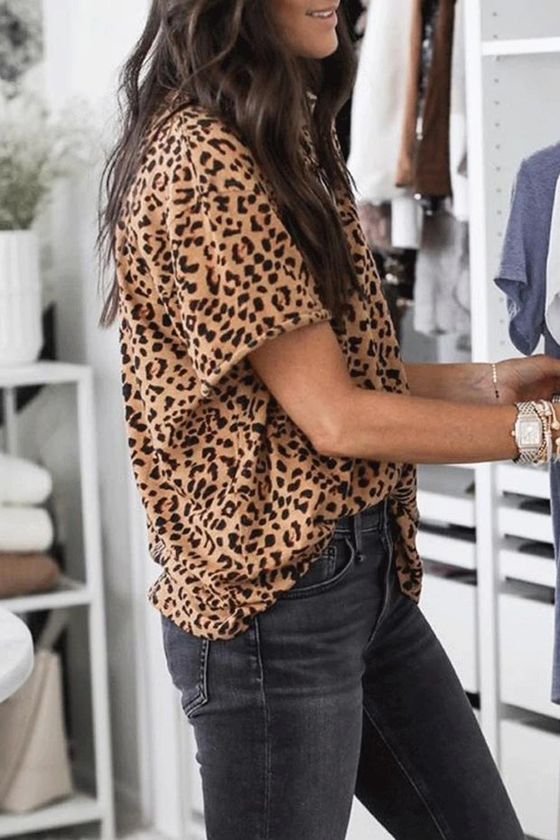 O Neck Daily Basic Leopard Print Brown T-shirt