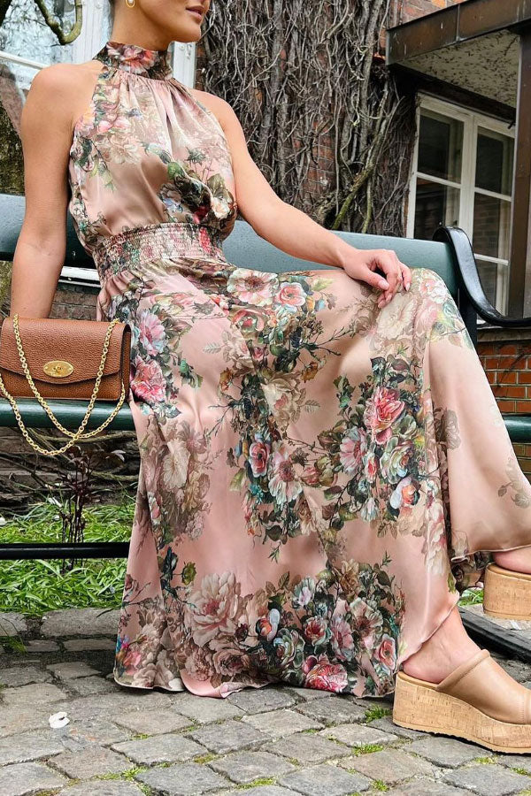 Elegant Vintage Rose Print Halter Neck Maxi Dress