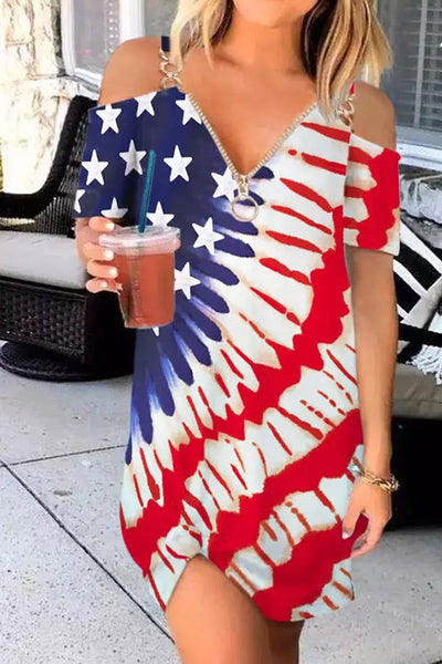 American Flag Star Pocket Cold Shoulder Mini Dress