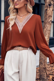 Lace Patchwork V Neck Ruffle Sleeve Casual Top