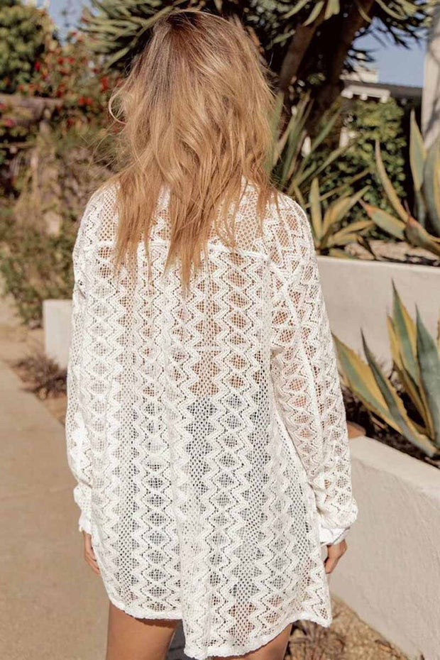 Sleeved Sheer Lace Crochet Cover Up Blouse