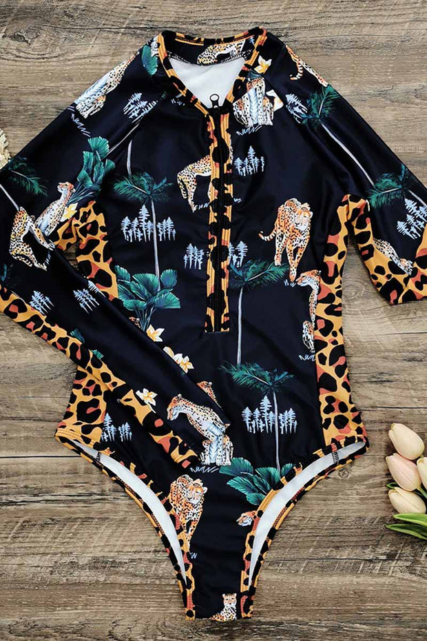 Long Sleeve Leopard Printed Sexy One Piece Swimsui