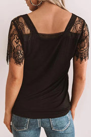 V Neck Daily Solid Lace Patchwork White T-shirt(2 Colors)