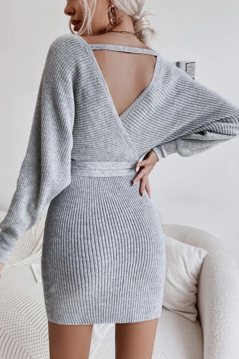 Wrap Batwing Sleeve Belted Cut Out Backless Sweater Dress – uniqshe