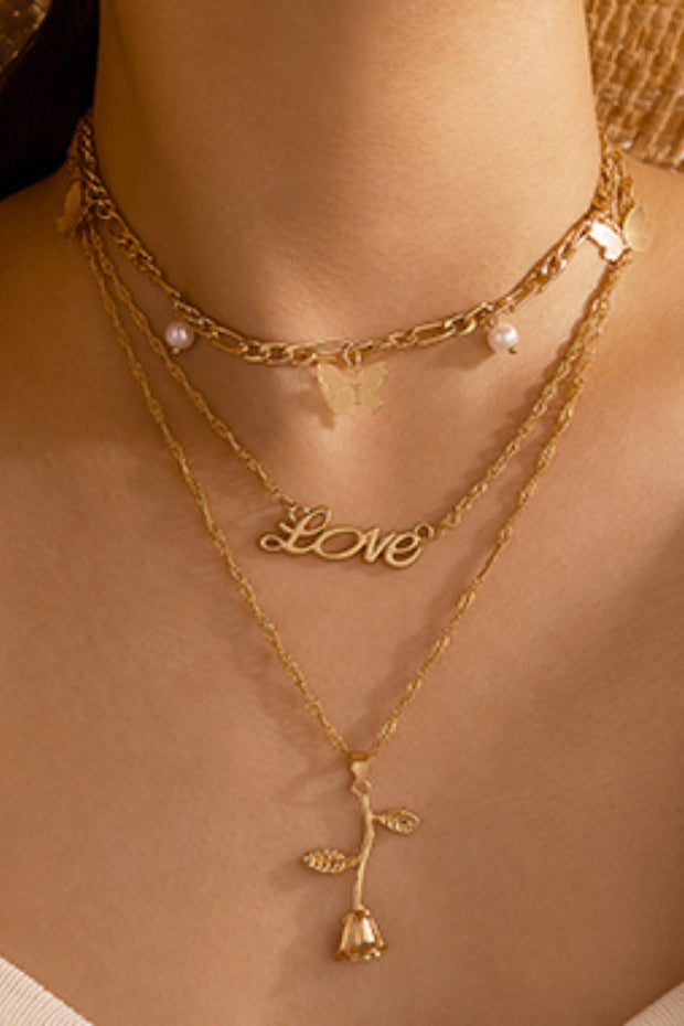 Pearl Detail Letter and Rose Design Necklace