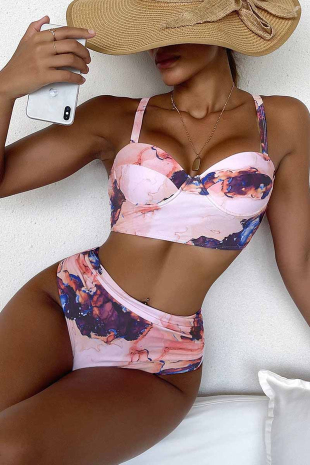 Marble Print Ruched Push Up Two Piece Swimsuit