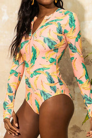 Colorful Printed Zip Front Long Sleeve Rash Guard One Piece Swimsuit