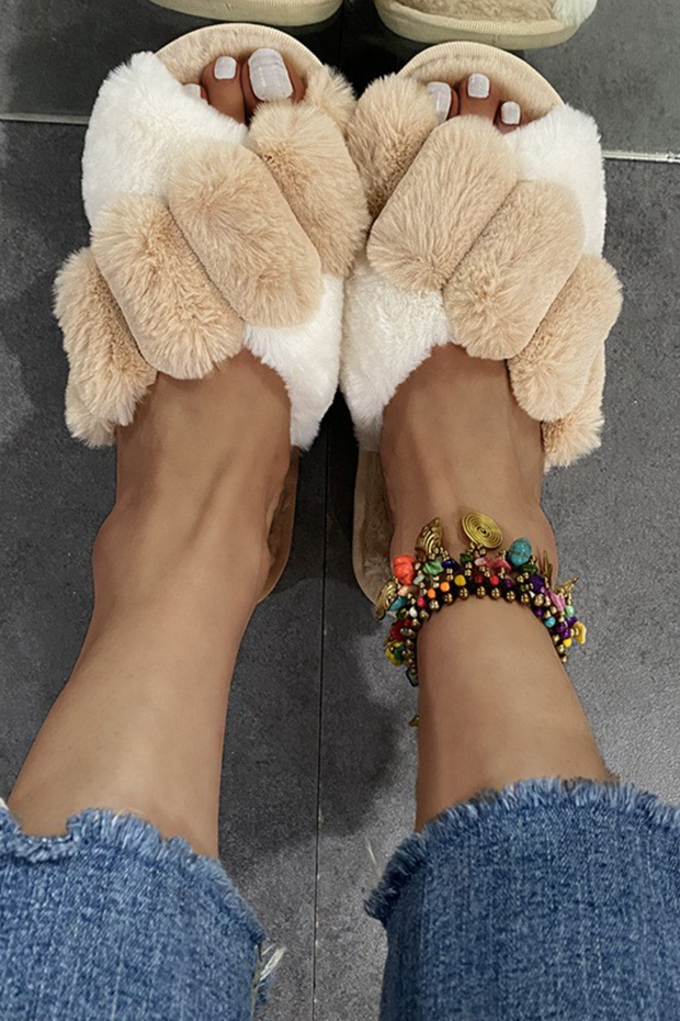 Faux-Fur Colorblock Flat Heel Sandals Slippers