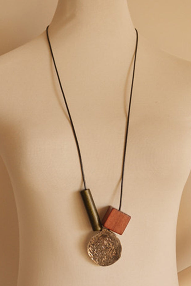 Irregular Wood Block Imitation Silver Pendant Vintage Long Necklace Sweater Chain