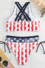 American Flag Star Print Drawstring Two Piece Swimsuit