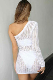 One Shoulder Long Sleeve Crochet Beach Tunic Cover Up