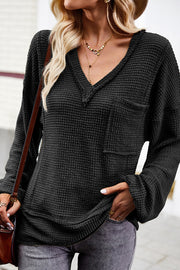 V-neck Solid Color Knitted Long Sleeve Top