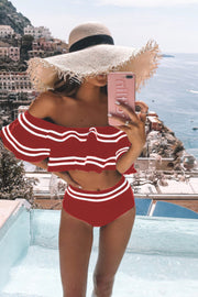 Striped Dew Shoulder Two pieces Swimsuit (3 Colors)