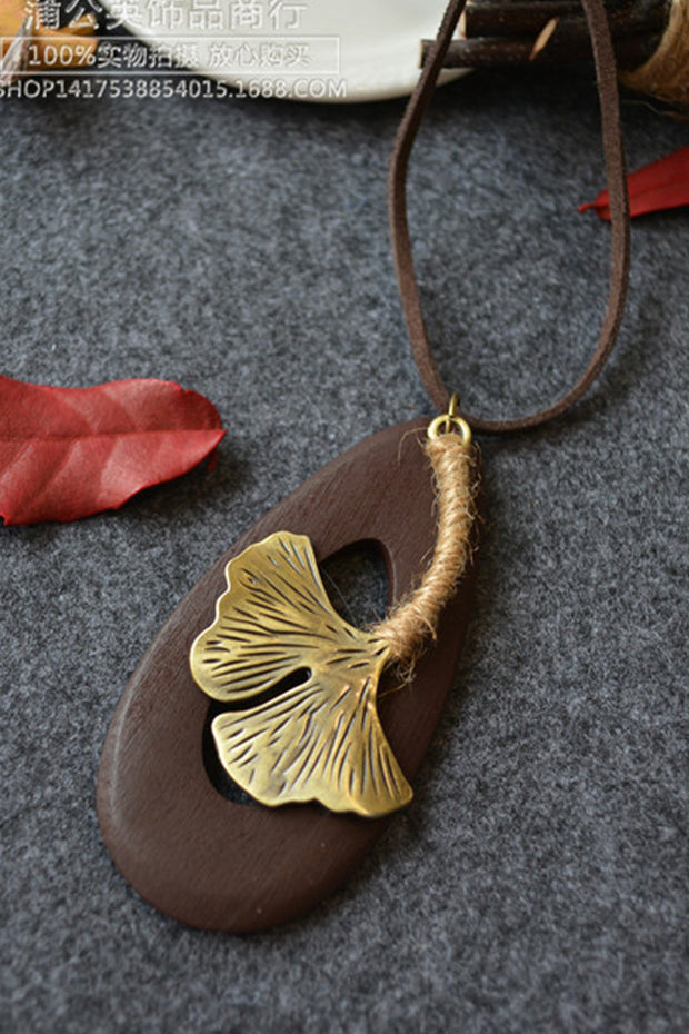 Wooden Water Drop Ginkgo Leaf Pendant Long Necklace Sweater Chain