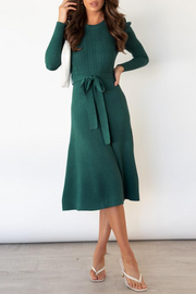 Puff Long Sleeve Belted Knit Sweater Dress