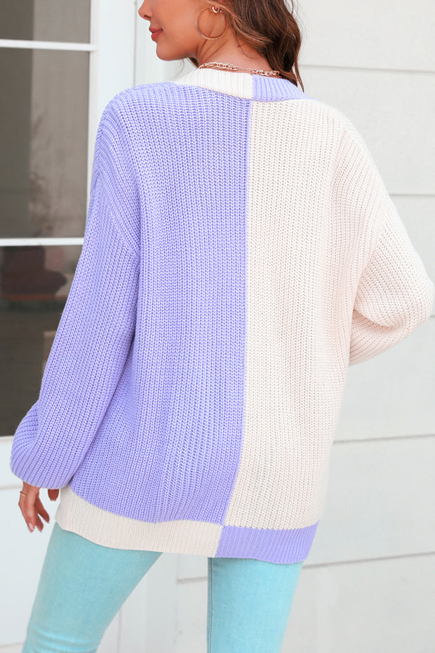 Color Block Loose Long Knit Cardigan Sweater