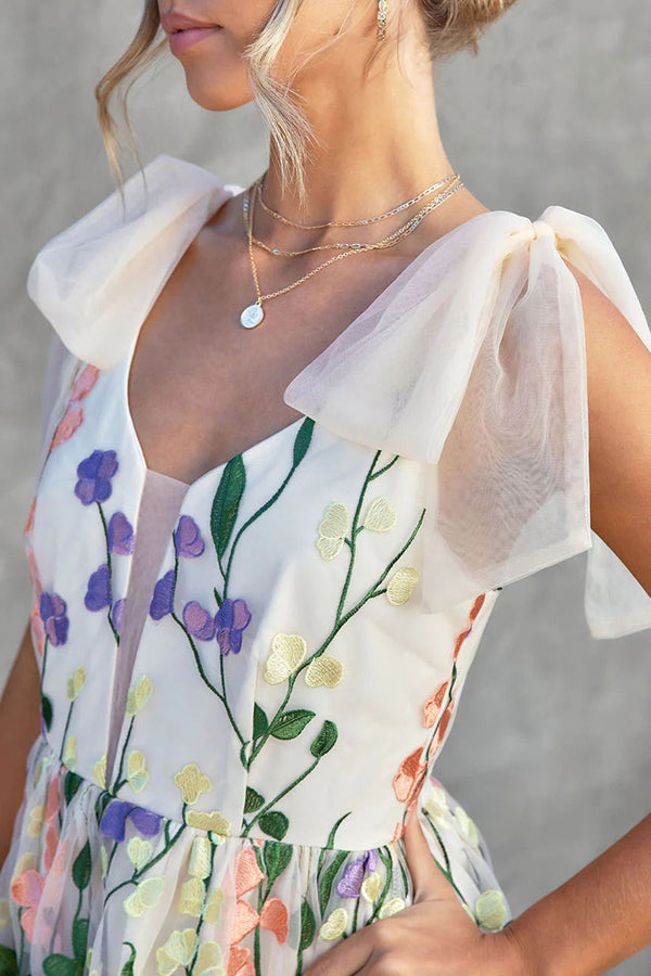 Summertime Blooms Floral Applique Adjustable Shoulder Tie Midi Dress