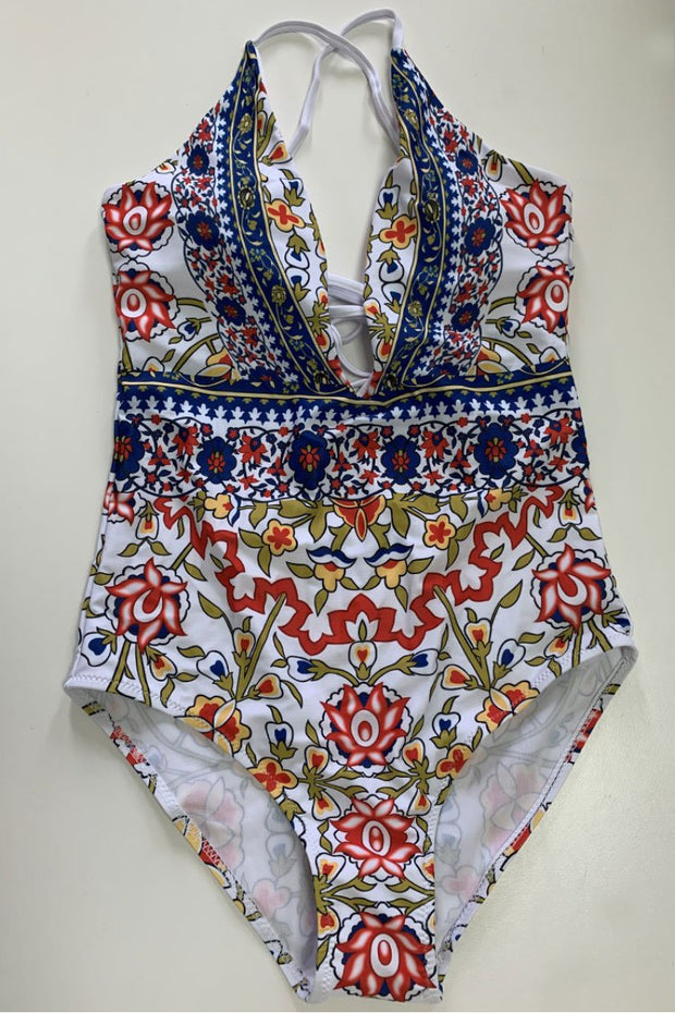 Ethnic Crisscross Strappy Low Back High Leg Deep V One-piece Swimsuit