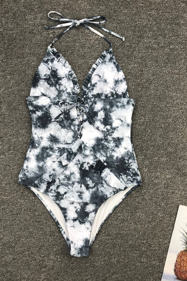Flirty Ruffle Marble Print Halter Tie-dye One-piece Swimsuit