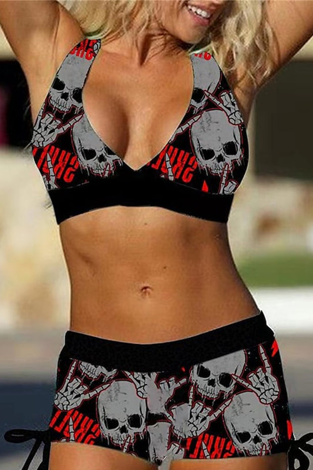 🔥Vintage Skull Print Side Drawstring Two-Piece Swimsuit