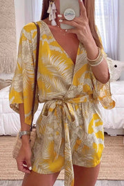 Lace-up Plants Print Yellow One-piece Romper