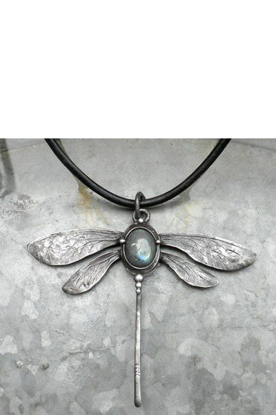 Vintage Dragonfly Moonstone Pendant Leather Strap Necklace