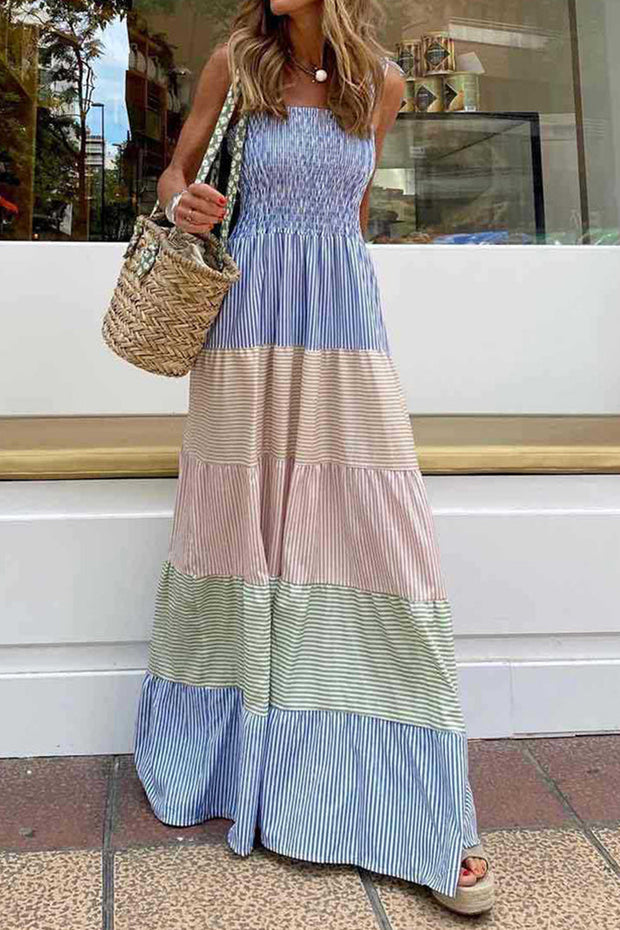 Colorblock Striped Straps Smocked Maxi Dress