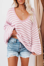 Oversized Stripe V Neck Puff Sleeve Sweater