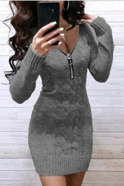 Solid V-Neck Casual Long Tight Sweater Dress(2 Colors)
