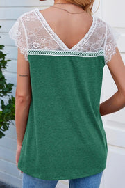 V Neck Lace Patchwork Green T-shirt(2 Colors)
